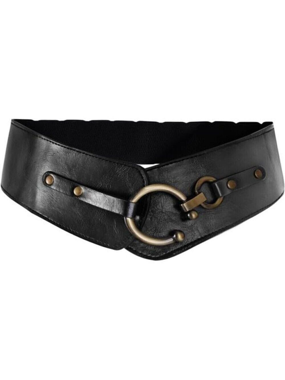 Women's Wide Elastic Waist Belt  Black Vegan Leather Stretch Interlock Buckle